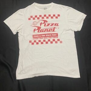 White Pizza Planet T-Shirt with Red Print